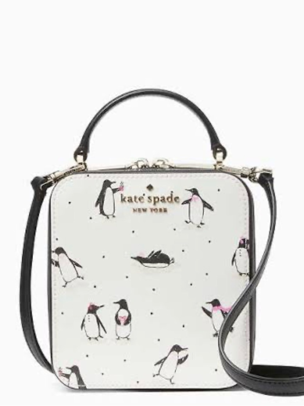 kate spade white penguin-print top-handle crossbody with black trim